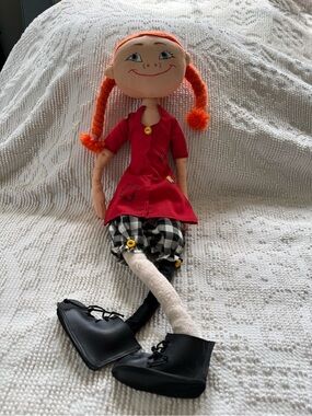 Vintage Pippi Longstockings Plush Rag Doll with Orange Braids and Red Dress
